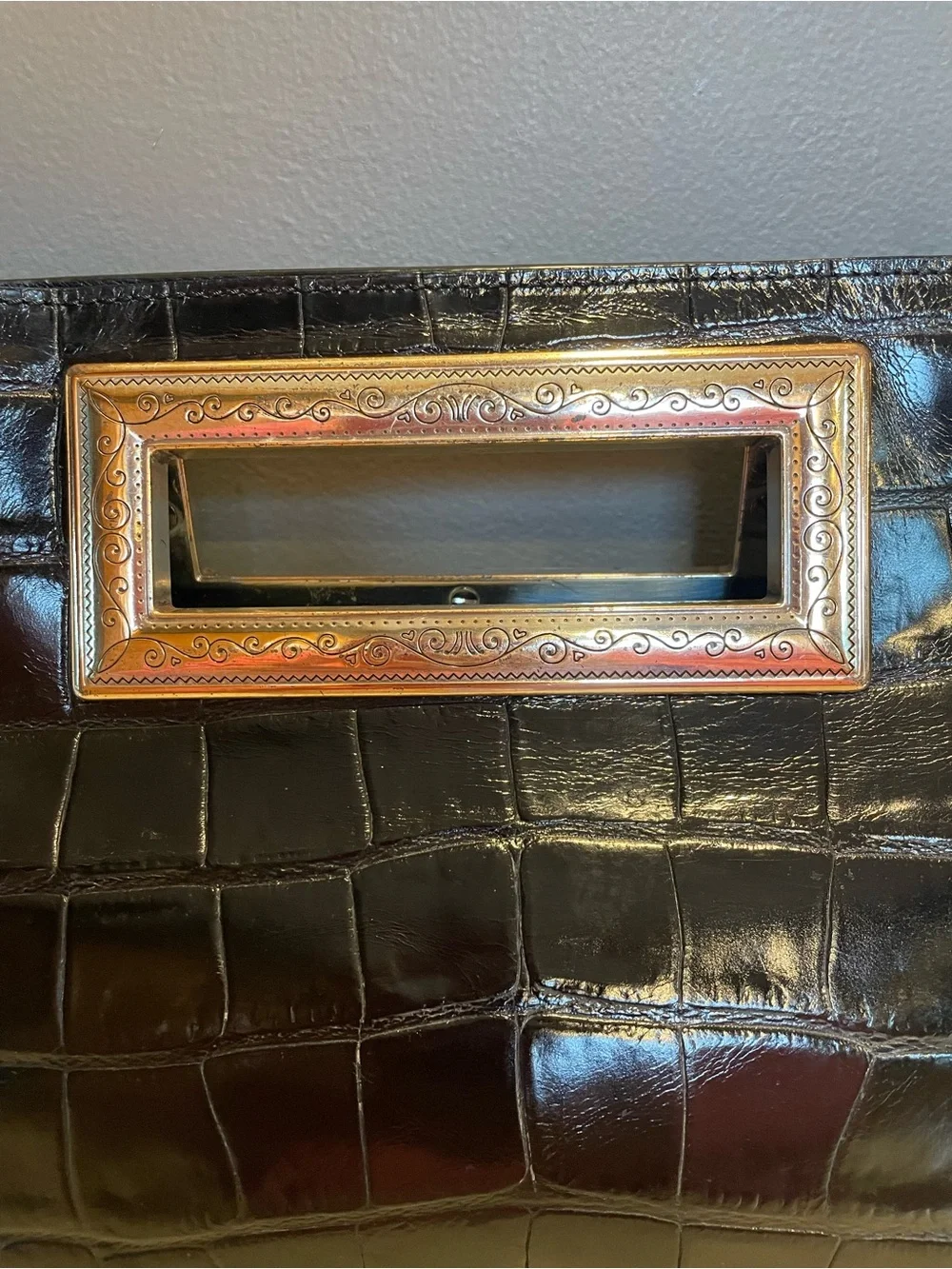 BRIGHTON Vintage Large Leather Clutch Purse Croc Embossed Metal Frame Handle
